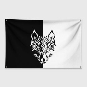 Флаг-баннер с принтом Двуликий волк , 100% полиэстер | размер 67 х 109 см, плотность ткани — 95 г/м2; по краям флага есть четыре люверса для крепления | Тематика изображения на принте: монохромный | тату | черно белый