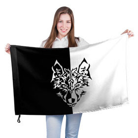 Флаг 3D с принтом Двуликий волк , 100% полиэстер | плотность ткани — 95 г/м2, размер — 67 х 109 см. Принт наносится с одной стороны | монохромный | тату | черно белый