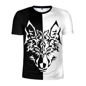 Мужская футболка 3D спортивная с принтом Двуликий волк , 100% полиэстер с улучшенными характеристиками | приталенный силуэт, круглая горловина, широкие плечи, сужается к линии бедра | монохромный | тату | черно белый