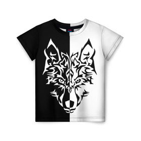 Детская футболка 3D с принтом Двуликий волк , 100% гипоаллергенный полиэфир | прямой крой, круглый вырез горловины, длина до линии бедер, чуть спущенное плечо, ткань немного тянется | монохромный | тату | черно белый