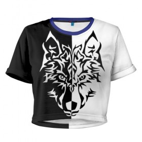Женская футболка 3D укороченная с принтом Двуликий волк , 100% полиэстер | круглая горловина, длина футболки до линии талии, рукава с отворотами | Тематика изображения на принте: монохромный | тату | черно белый