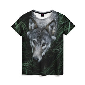 Женская футболка 3D с принтом Волк в траве , 100% полиэфир ( синтетическое хлопкоподобное полотно) | прямой крой, круглый вырез горловины, длина до линии бедер | природа | серый | хищник
