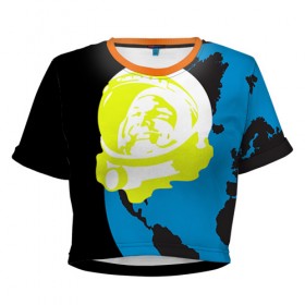 Женская футболка 3D укороченная с принтом Гагарин , 100% полиэстер | круглая горловина, длина футболки до линии талии, рукава с отворотами | 