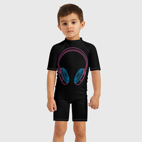 Детский купальный костюм 3D с принтом Наушники , Полиэстер 85%, Спандекс 15% | застежка на молнии на спине | светящиеся | флуоресцентный | флюр | флюровый