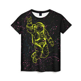Женская футболка 3D с принтом Космический рок , 100% полиэфир ( синтетическое хлопкоподобное полотно) | прямой крой, круглый вырез горловины, длина до линии бедер | космонавт | светящиеся | скафандр | флуоресцентный | флюр | флюровый