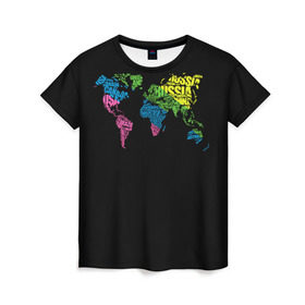 Женская футболка 3D с принтом Весь мир - Россия , 100% полиэфир ( синтетическое хлопкоподобное полотно) | прямой крой, круглый вырез горловины, длина до линии бедер | карта мира | светящиеся | флуоресцентный | флюр | флюровый