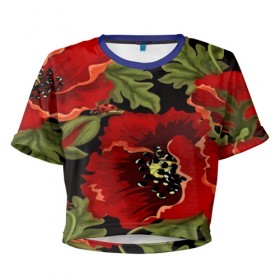 Женская футболка 3D укороченная с принтом Цветение мака , 100% полиэстер | круглая горловина, длина футболки до линии талии, рукава с отворотами | flower | красные | полевой цветок | природа | розы | текстуры | цветочки | цветы