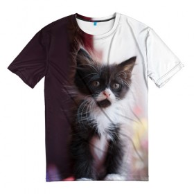 Мужская футболка 3D с принтом Черно - белый котенок , 100% полиэфир | прямой крой, круглый вырез горловины, длина до линии бедер | грустный | добрый | животное | киса | киска кися | кот | котенок | котэ | кошка | лапа | лапка | ласковый | милый | моська | мурлыка | смешной | унылый | усатый | шерсть