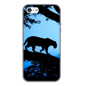 Чехол для iPhone 5/5S матовый с принтом Чёрная пантера , Силикон | Область печати: задняя сторона чехла, без боковых панелей | африка | вечер | дерево | дикая кошка | закат | леопард | сафари | ягуар