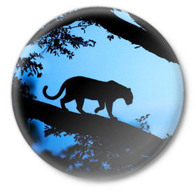 Значок с принтом Чёрная пантера ,  металл | круглая форма, металлическая застежка в виде булавки | Тематика изображения на принте: африка | вечер | дерево | дикая кошка | закат | леопард | сафари | ягуар