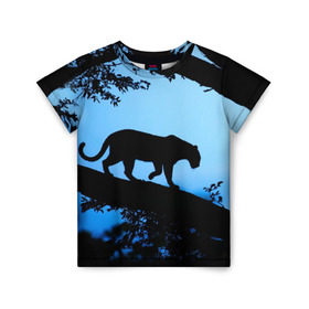 Детская футболка 3D с принтом Чёрная пантера , 100% гипоаллергенный полиэфир | прямой крой, круглый вырез горловины, длина до линии бедер, чуть спущенное плечо, ткань немного тянется | африка | вечер | дерево | дикая кошка | закат | леопард | сафари | ягуар