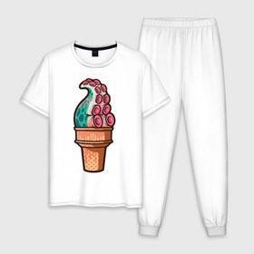 Мужская пижама хлопок с принтом Мороженое , 100% хлопок | брюки и футболка прямого кроя, без карманов, на брюках мягкая резинка на поясе и по низу штанин
 | мороженое | осьминог | присоски | тентакли | щупальца