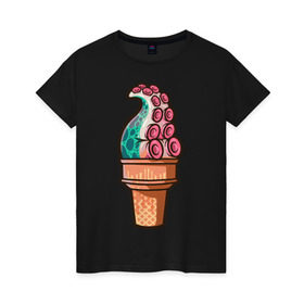Женская футболка хлопок с принтом Мороженое , 100% хлопок | прямой крой, круглый вырез горловины, длина до линии бедер, слегка спущенное плечо | мороженое | осьминог | присоски | тентакли | щупальца