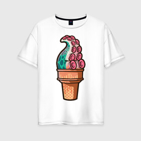 Женская футболка хлопок Oversize с принтом Мороженое , 100% хлопок | свободный крой, круглый ворот, спущенный рукав, длина до линии бедер
 | мороженое | осьминог | присоски | тентакли | щупальца