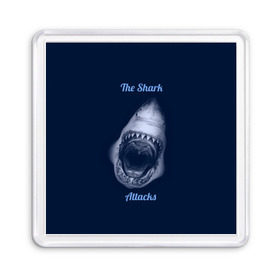 Магнит 55*55 с принтом the shark attacks , Пластик | Размер: 65*65 мм; Размер печати: 55*55 мм | Тематика изображения на принте: shark | акула | глубина | зубы | море | океан | пасть | укус | хищник