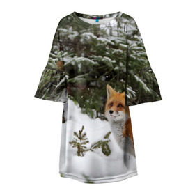 Детское платье 3D с принтом Лиса в зимнем лесу , 100% полиэстер | прямой силуэт, чуть расширенный к низу. Круглая горловина, на рукавах — воланы | fox | животное | зверь | красивая | лес | лис | лиса | лисенок | лисица | лисичка | мех | патрикеевна | песец | плутовка | прикольная | природа | рыжая | рыжий цвет | сказка | хвост | хитрая | хищник