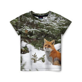 Детская футболка 3D с принтом Лиса в зимнем лесу , 100% гипоаллергенный полиэфир | прямой крой, круглый вырез горловины, длина до линии бедер, чуть спущенное плечо, ткань немного тянется | fox | животное | зверь | красивая | лес | лис | лиса | лисенок | лисица | лисичка | мех | патрикеевна | песец | плутовка | прикольная | природа | рыжая | рыжий цвет | сказка | хвост | хитрая | хищник