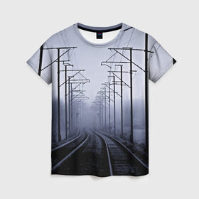Женская футболка 3D с принтом Туманная дорога , 100% полиэфир ( синтетическое хлопкоподобное полотно) | прямой крой, круглый вырез горловины, длина до линии бедер | 3d | железная дорога | пути | столбы | страны | туман | туманная дорога