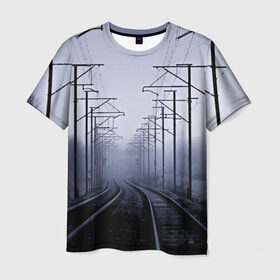Мужская футболка 3D с принтом Туманная дорога , 100% полиэфир | прямой крой, круглый вырез горловины, длина до линии бедер | 3d | железная дорога | пути | столбы | страны | туман | туманная дорога