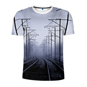 Мужская футболка 3D спортивная с принтом Туманная дорога , 100% полиэстер с улучшенными характеристиками | приталенный силуэт, круглая горловина, широкие плечи, сужается к линии бедра | 3d | железная дорога | пути | столбы | страны | туман | туманная дорога