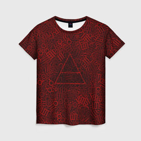 Женская футболка 3D с принтом 30 seconds to mars. символы , 100% полиэфир ( синтетическое хлопкоподобное полотно) | прямой крой, круглый вырез горловины, длина до линии бедер | глифы | знаки | красный | логотип | паттерн | рок | рокнрол | текстура | треугольник