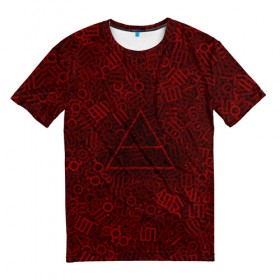 Мужская футболка 3D с принтом 30 seconds to mars. символы , 100% полиэфир | прямой крой, круглый вырез горловины, длина до линии бедер | Тематика изображения на принте: глифы | знаки | красный | логотип | паттерн | рок | рокнрол | текстура | треугольник