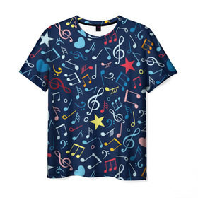 Мужская футболка 3D с принтом Ноты , 100% полиэфир | прямой крой, круглый вырез горловины, длина до линии бедер | звездочки | ноты | сердечки