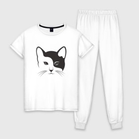 Женская пижама хлопок с принтом Кисонька , 100% хлопок | брюки и футболка прямого кроя, без карманов, на брюках мягкая резинка на поясе и по низу штанин | абстракция | белое | инь ян | инь янь | киса | кисонька | котик | кошак | кошка | чёрно белая | черное