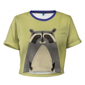 Женская футболка 3D укороченная с принтом Енот , 100% полиэстер | круглая горловина, длина футболки до линии талии, рукава с отворотами | raccoon | енот