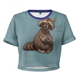 Женская футболка 3D укороченная с принтом Raccoon , 100% полиэстер | круглая горловина, длина футболки до линии талии, рукава с отворотами | raccoon | енот