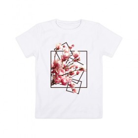 Детская футболка хлопок с принтом Магнолия , 100% хлопок | круглый вырез горловины, полуприлегающий силуэт, длина до линии бедер | весна | геометрия | деревья | квадраты | цветение | цветы