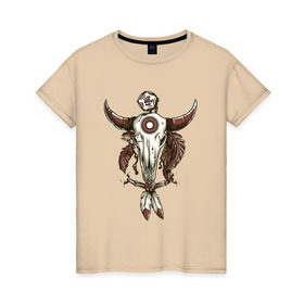 Женская футболка хлопок с принтом Тотем , 100% хлопок | прямой крой, круглый вырез горловины, длина до линии бедер, слегка спущенное плечо | бубен | индеец | перья | тотем | череп | череп быка | шаман