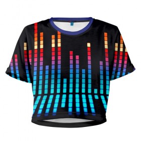 Женская футболка 3D укороченная с принтом Эквалайзер неон , 100% полиэстер | круглая горловина, длина футболки до линии талии, рукава с отворотами | музыка | полосы | разноцветный | яркий