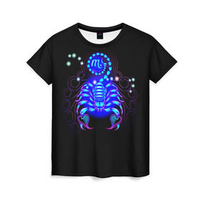 Женская футболка 3D с принтом Скорпион , 100% полиэфир ( синтетическое хлопкоподобное полотно) | прямой крой, круглый вырез горловины, длина до линии бедер | scorpius | арт | астрономия | другие | звезды | знак зодиака | космос | неоновые | прикольные | скорпион | яркие