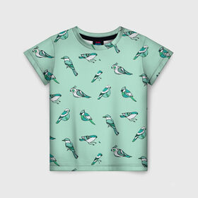 Детская футболка 3D с принтом Птица-синица , 100% гипоаллергенный полиэфир | прямой крой, круглый вырез горловины, длина до линии бедер, чуть спущенное плечо, ткань немного тянется | бирюза | паттерн | птахи | птички