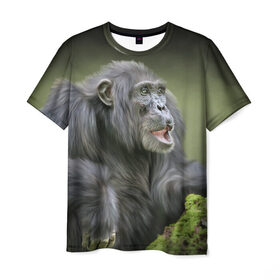 Мужская футболка 3D с принтом Шимпанзе , 100% полиэфир | прямой крой, круглый вырез горловины, длина до линии бедер | животные | обезьяна 