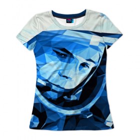 Женская футболка 3D с принтом Гагарин , 100% полиэфир ( синтетическое хлопкоподобное полотно) | прямой крой, круглый вырез горловины, длина до линии бедер | 3d | арт | гагарин | другие | космонавт | космонавтики | космос | полигоны | прикольные | текстуры | яркие