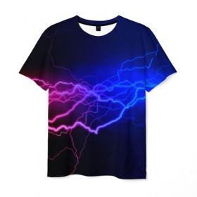 Мужская футболка 3D с принтом Столкновение энергии , 100% полиэфир | прямой крой, круглый вырез горловины, длина до линии бедер | молния | разряд | электричество | яркий