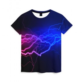Женская футболка 3D с принтом Столкновение энергии , 100% полиэфир ( синтетическое хлопкоподобное полотно) | прямой крой, круглый вырез горловины, длина до линии бедер | молния | разряд | электричество | яркий