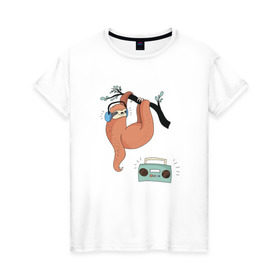 Женская футболка хлопок с принтом Ленивец слушает музыку , 100% хлопок | прямой крой, круглый вырез горловины, длина до линии бедер, слегка спущенное плечо | арт | ленивец | лень | музыка | прикольные