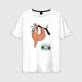 Женская футболка хлопок Oversize с принтом Ленивец слушает музыку , 100% хлопок | свободный крой, круглый ворот, спущенный рукав, длина до линии бедер
 | арт | ленивец | лень | музыка | прикольные