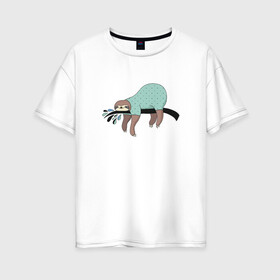 Женская футболка хлопок Oversize с принтом Ленивец спит , 100% хлопок | свободный крой, круглый ворот, спущенный рукав, длина до линии бедер
 | арт | ленивец | лень | прикольные | сон