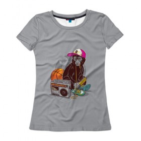 Женская футболка 3D с принтом monkey music , 100% полиэфир ( синтетическое хлопкоподобное полотно) | прямой крой, круглый вырез горловины, длина до линии бедер | Тематика изображения на принте: monkey | банан | баскетбол | магнитофон | музыка | мяч | обезьяна | хипстер