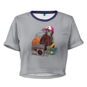 Женская футболка 3D укороченная с принтом monkey music , 100% полиэстер | круглая горловина, длина футболки до линии талии, рукава с отворотами | monkey | банан | баскетбол | магнитофон | музыка | мяч | обезьяна | хипстер