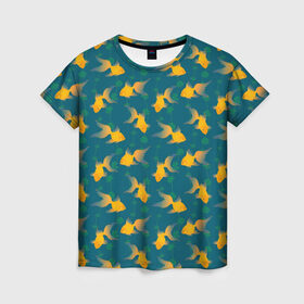 Женская футболка 3D с принтом Золотые рыбки , 100% полиэфир ( синтетическое хлопкоподобное полотно) | прямой крой, круглый вырез горловины, длина до линии бедер | вода | водоросли | море | подводный мир | рыба | сказка