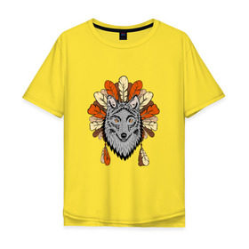 Мужская футболка хлопок Oversize с принтом Волк индеец , 100% хлопок | свободный крой, круглый ворот, “спинка” длиннее передней части | арт | волк | волкодав | животные | индейцы | перья | собака