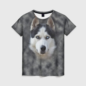 Женская футболка 3D с принтом Хаска , 100% полиэфир ( синтетическое хлопкоподобное полотно) | прямой крой, круглый вырез горловины, длина до линии бедер | мордочка | пес | собака | хаска | щенок