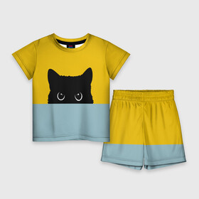 Детский костюм с шортами 3D с принтом Черная кошка ,  |  | cat | kitty | pussycat | киса | кот | коты | котэ | кошка | мода
