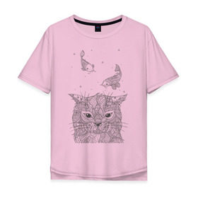 Мужская футболка хлопок Oversize с принтом Мечтатель , 100% хлопок | свободный крой, круглый ворот, “спинка” длиннее передней части | воздушный | дзенарт | кот | мечта | принт | раскраска | рыба | рыбки | черно белый