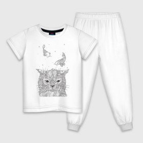 Детская пижама хлопок с принтом Мечтатель , 100% хлопок |  брюки и футболка прямого кроя, без карманов, на брюках мягкая резинка на поясе и по низу штанин
 | воздушный | дзенарт | кот | мечта | принт | раскраска | рыба | рыбки | черно белый